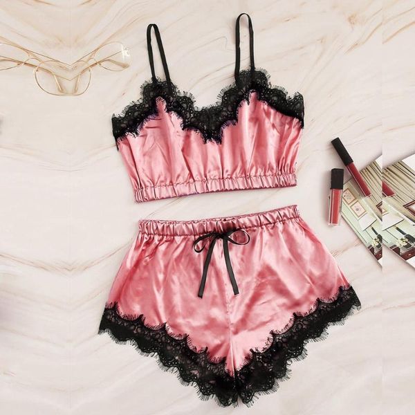 

lingerie pajamas for women home clothes nightie v-neck silk lace stain trim camisole sleepwear shorts set h4, Black;red