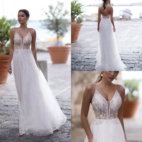 

2021 illusion bodice wedding dresses 2021 deep sheer neckline beach wedding gowns criss cross bridal gowns, White