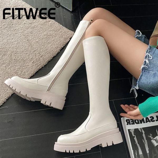 

fitwee size 33-43 women knee boots fashion platform zipper high heel winter shoes woman warm long boot lady casual footwear, Black