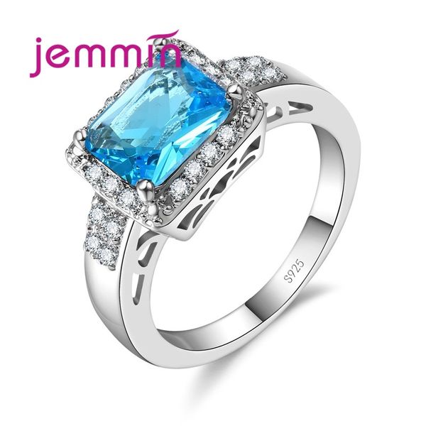 

cluster rings 925 sterling silver white/blue/green/red colorful crystal ring for women christmas gift shiny rectangle rhinestone bijoux, Golden;silver