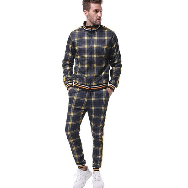 

mens tracksuits europe and america fashion autumn new men plaid print zipper sport suits casual men sportswear sets 4 colors size -3xl, Gray
