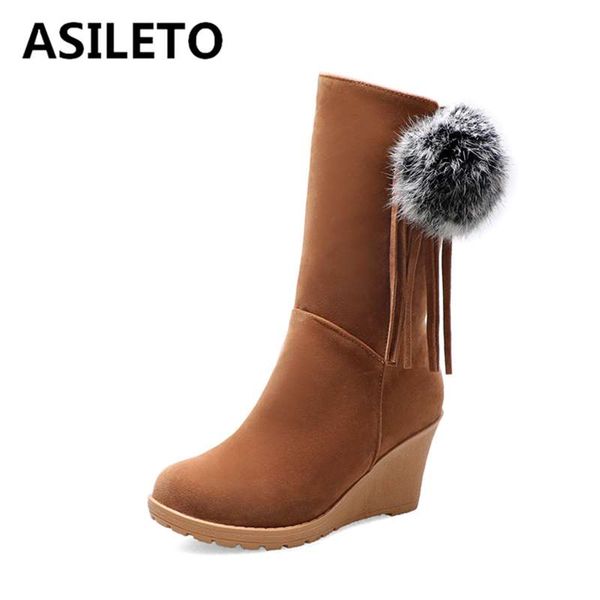 

boots asileto women ankle zipper round toe footwear wedge high heels female boot shoes woman 2021 platform booties fur ball bota, Black