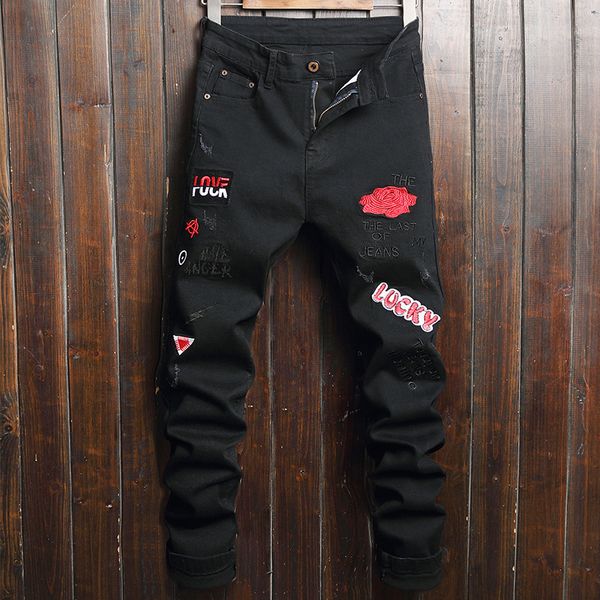 

men's jeans europe and the united states embroidery cultivate morality straight foot long pants, Blue