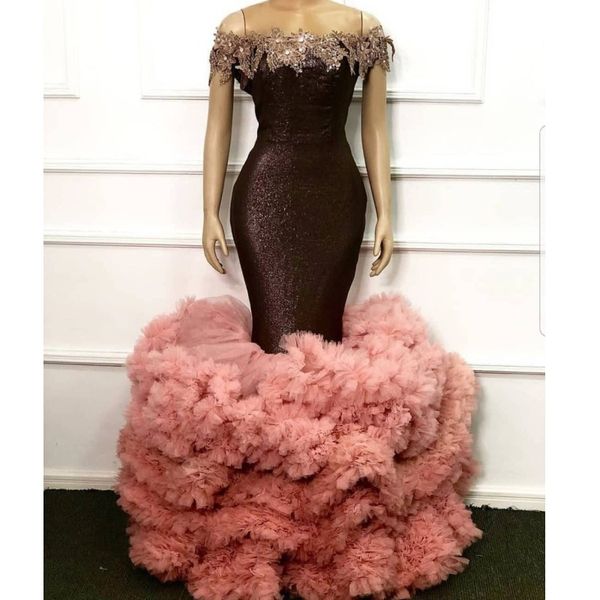 

ruffles mermaid prom dresses off shoulder tiered blush pink bottom lace appliques evening dress african robe de soiree, Black