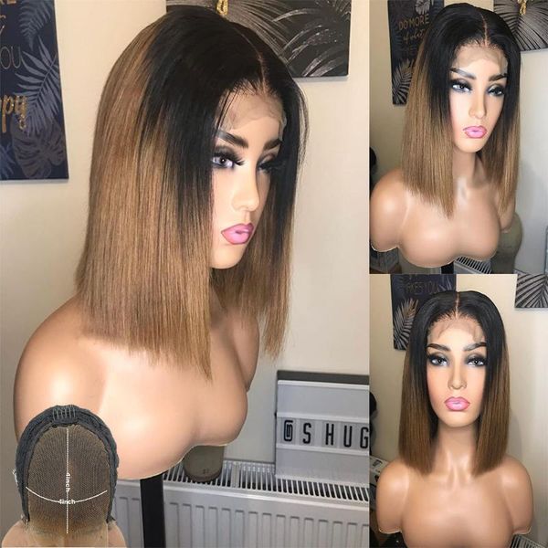 

ombre brown short bob 4x4 lace closure wigs pixie cut wig brazilian remy straight honey blonde colored human hair wigs glueless, Black;brown