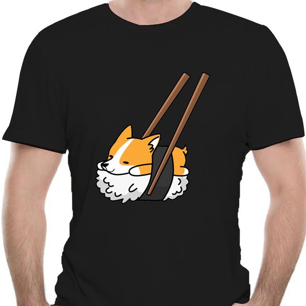 

men t shirts funny sushi corgi dog leisure short sleeve tee shirt round neck clothes pure cotton graphic t-shirt size 9270d
