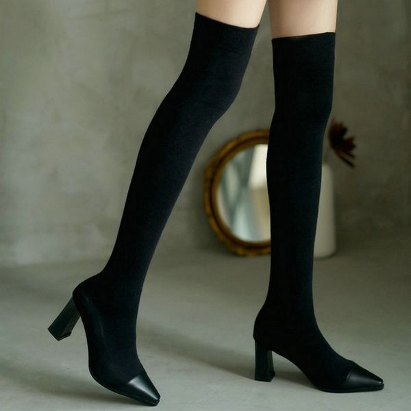 

boots 2021 women sock fashion pointed toe thick high heel over the knee stretch fabric ladies long big size 43, Black