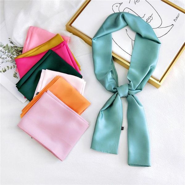 

scarves long skinny kerchief silk satin neck scarf for women solid colors headband hair female head ladies pink green, Blue;gray