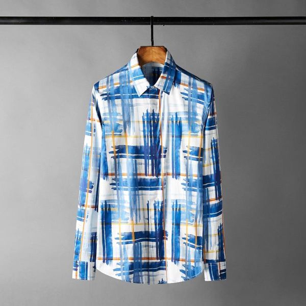 

minglu blue mens shirts long sleeve plaid printed casual party mens dress shirts slim fit male plus size 4xl, White;black