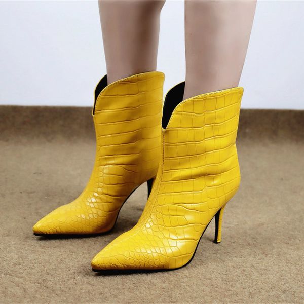 

boots snakeskin ankle cowboy for women heels water-proof black yellow women's short shoes pointed