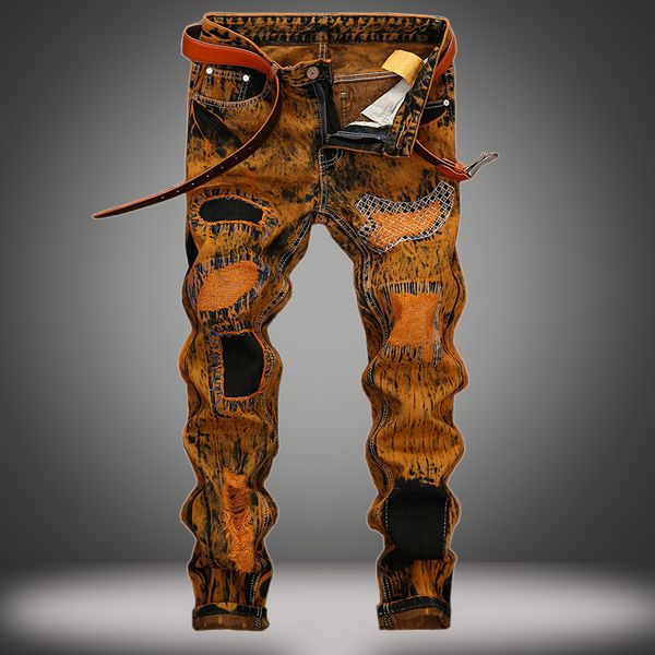 

men's jeans vintage fashion pants ripped cool retro straight mens street wear, Blue