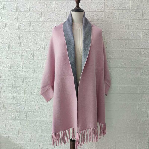 

scarves cashmere-like poncho cape shawl with sleeves women autumn winter thick warm double-sided solid tassel cloak girls, Blue;gray