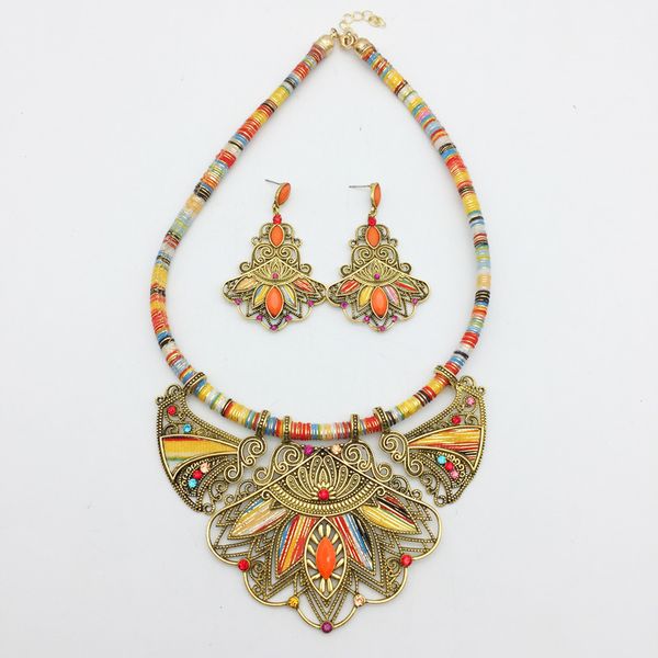 

bohemian national style necklaces and earrings jewelry set for woman braided rope necklace and ear ornaments costume jewelry set, Silver