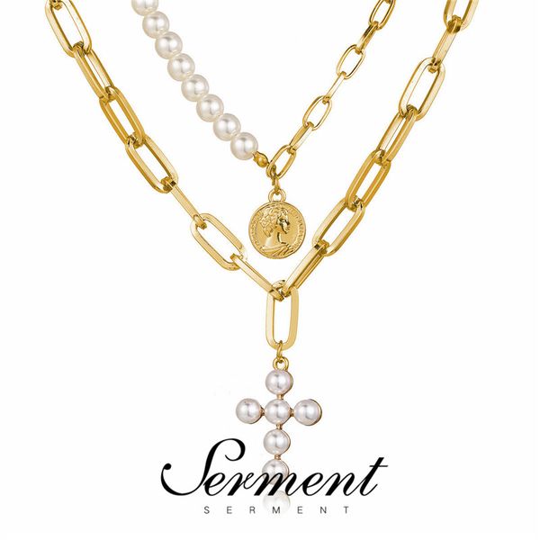 

serment european new fashion cross fashion jewelry necklace creative retro seal pearl sweater chain gilded pendant for women, Silver