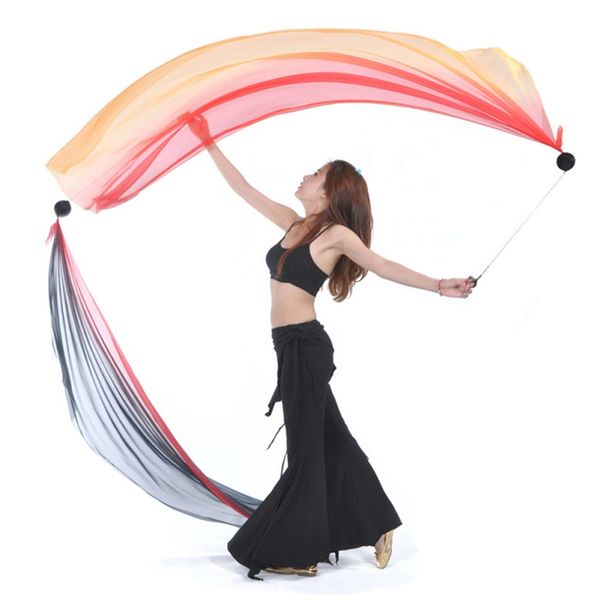 

stage wear 2pcs silk veil and 2 pcs poi chain ball belly dance streamer thrown balls women level hand props, Black;red