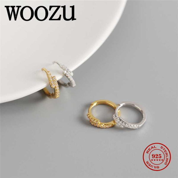 

woozu genuine 925 sterling silver minimalist double cross pave crystal zircon ear buckle for women punk men's hoop earring gift, Golden;silver