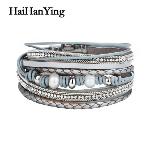 

charm bracelets alloy pearl hand-woven leather bracelet women's multi-row multi-layer jewelry, Golden;silver