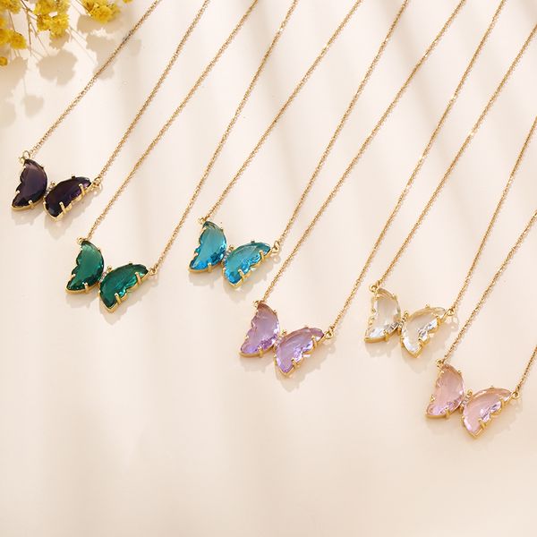 

fashion stainless steel six colors crystal butterfly pendant necklace for women glamour female color butterfly necklace jewelry, Silver