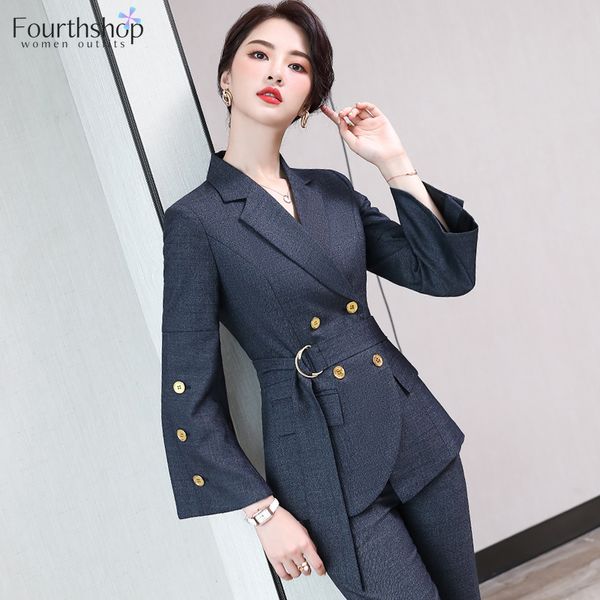 

women's two piece pants double breasted women suits business work office formal pant female elegant blazer sets autumn winter plus size, White
