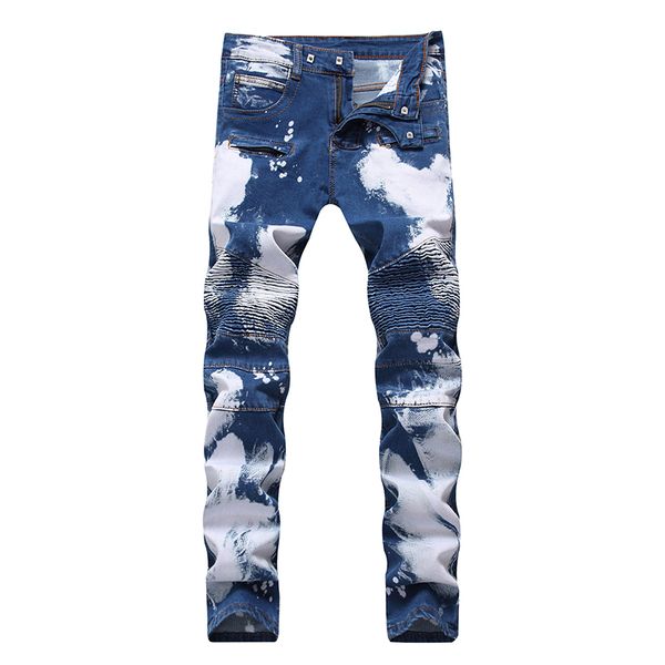 

moruancle men's blue white pleated biker jeans for man moto plus size slim fit stretch motorcycle denim pants