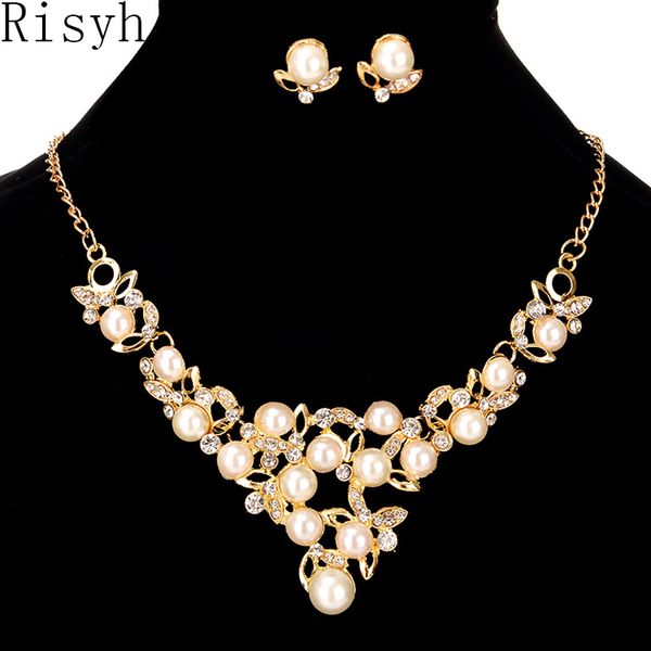 

risyh pearl rhinestone short clavicle necklace stud fashion dinner dress accessories, Golden;silver