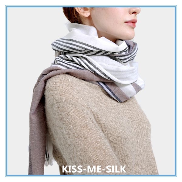 

kms striped pure wool scarf white brown color thin scarf shawl dual-use shawl for women 70*200cm/105g, Blue;gray