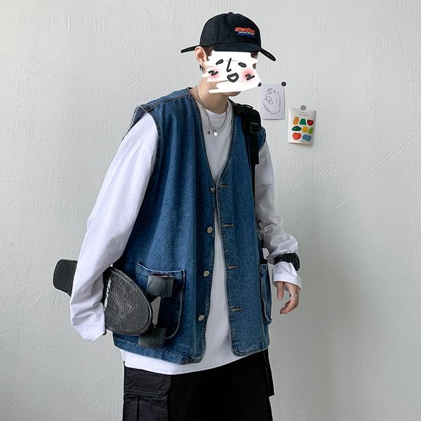 

spring and autumn retro denim waistcoat men's korean-style popular brand student sleeveless vest loose short outer wear vest top, Black;white