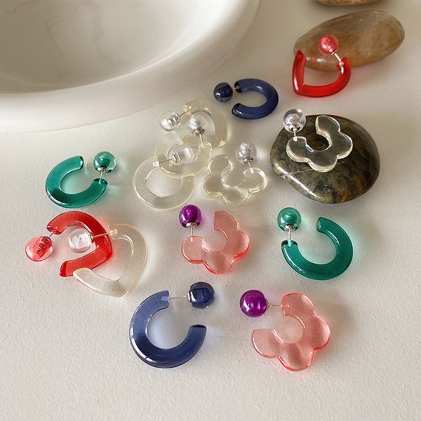 

hoop & huggie korea 2021 resin color transparent flowers heart-shaped earrings teens unusual cute jewelery for women christmas gift, Golden;silver