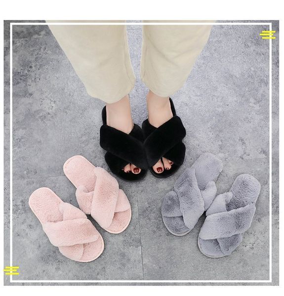 

2019 new cross toe-open wool slippers women autumn and winter warm indoor flat non-slip floor cotton slippers, Black