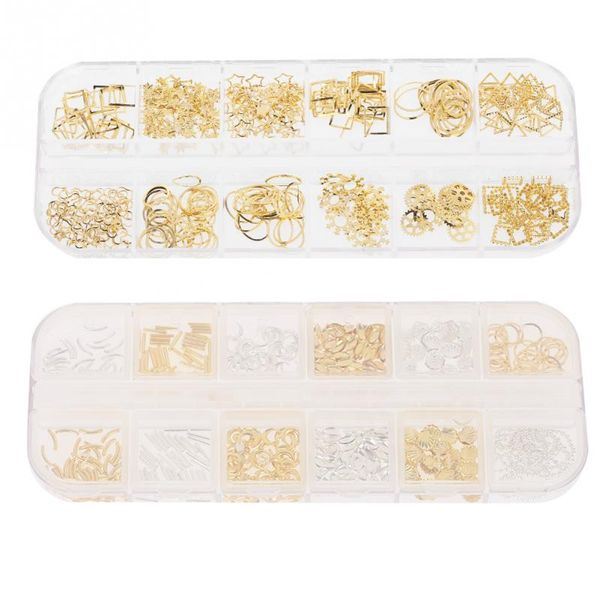 

new nail decoration 12 grid mixed style nail art decoration metal shell star studs chain nails diy accessories tool, Silver;gold