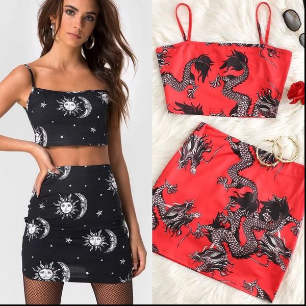 

two piece set women dragon crop mini skirt clothes two piece set dress women strap suits, Gray