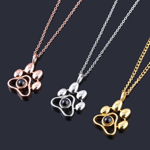 

pendant necklaces 2021 cat dog pet po projection necklace footprints 100 languages i love you choker for women men jewelry, Silver