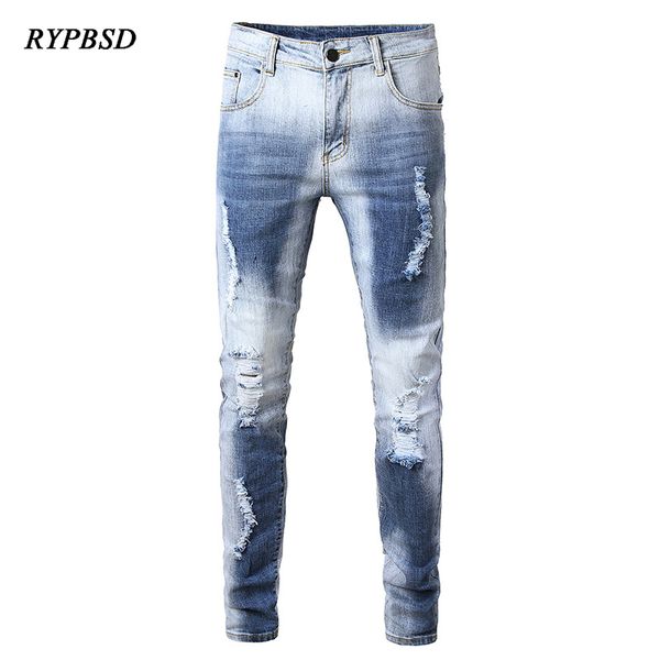 

straight jeans men ripped denim men pants patchwork fashion frayed destroyed hole hip hop jeans trousers plus size 42, Blue