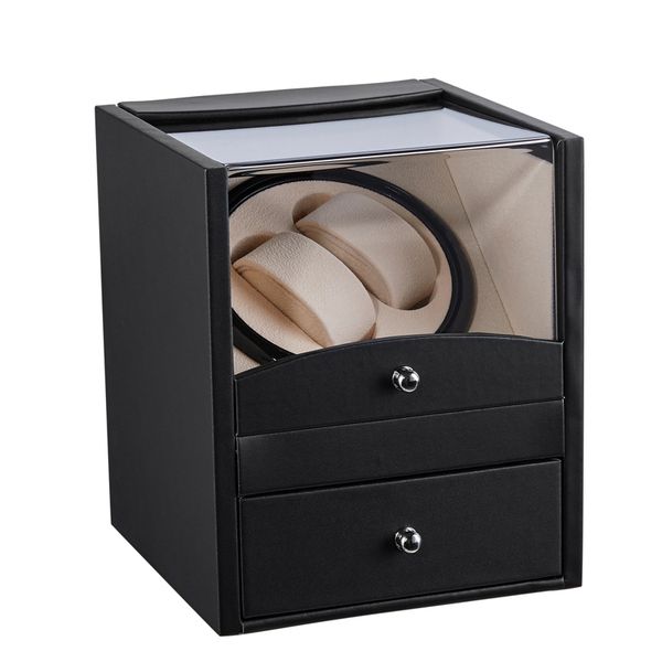 

2+2 watchwinder box winding casket quiet no noise motor 2 watch winder storage display rotating reloj organizers battery boxes, Black;blue