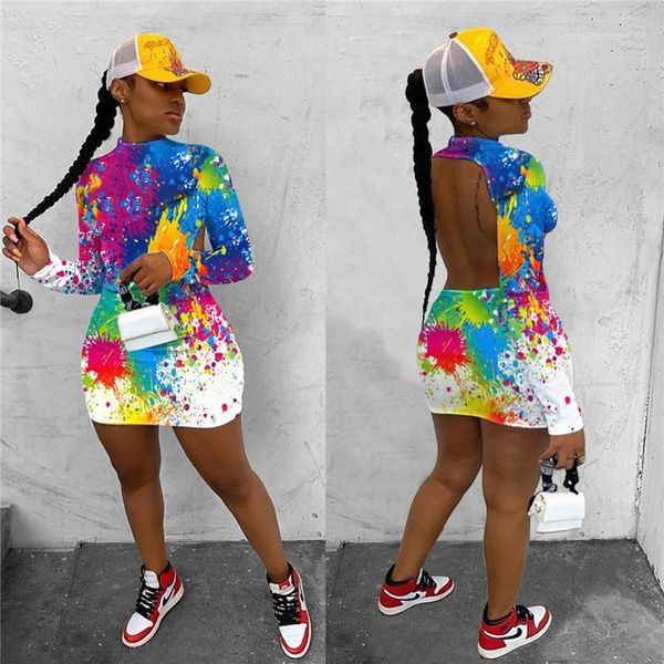 

female designer dresses backless graffiti printed fashion womens bydcon dresses high neck long sleeve womens clothing sexy, Black;gray