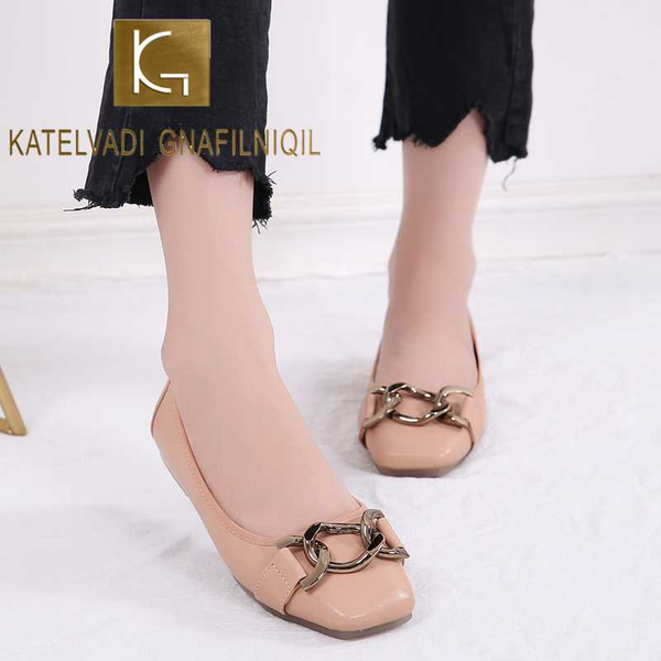 

katelvadi pu flats shoes women black flats woman metal decoration square toe shoes loafers slip on casual women jn003