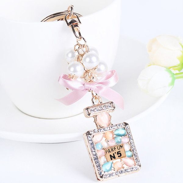 

women keychain fashion jewelry bag charm rhinestone opals keyring key holder creative perfume bottle key chain ring, Silver