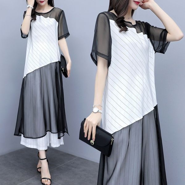 

socialite 2020 new women's loose large size chiffon striped two-piece suit pantspants and trousers pants casual fashion suit mrcn7, Gray