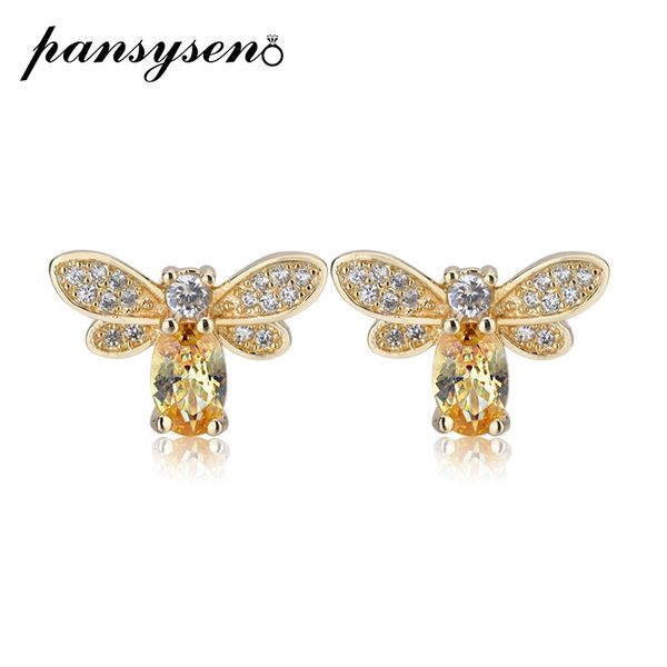 

pansysen bee design citrine diamond gemstone stud earrings solid 925 sterling silver fine jewelry engagement earrings wholesale, Golden;silver