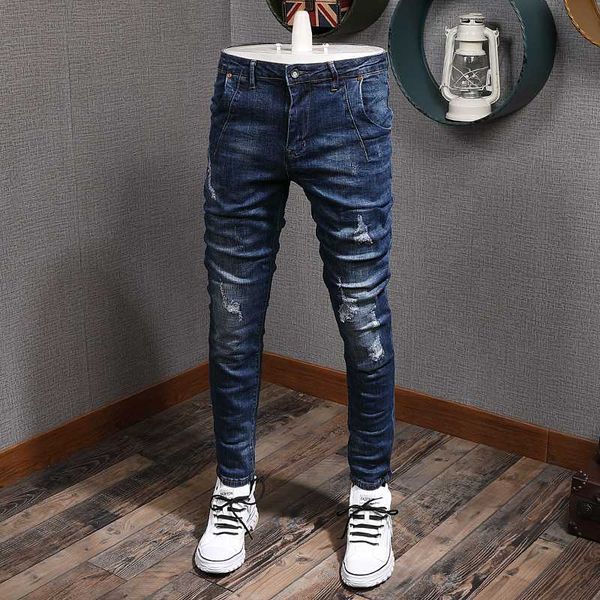 

men's jeans fashion streetwear men dark blue elastic slim fit ripped denim pencil pants korean style hip hop homme