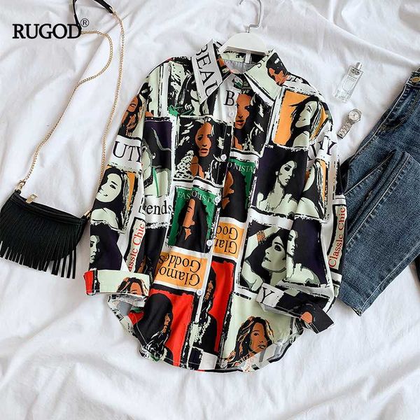

rugod people print women blouses long sleeves turn-down collar fashion harajuku style casual streetwear modis femme blusas mujer, White