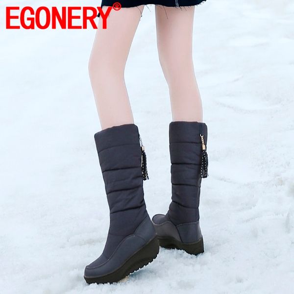 

egonery woman shoes winter new casual warm round toe snow boots outside mid heels platform fringe plus size shoes drop shipping, Black