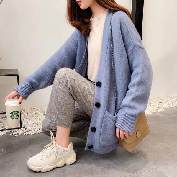 

2020 autumn and winter new women's knitted solid color buttons korean loose v-neck fashion temperament sweater cardigan, White;black
