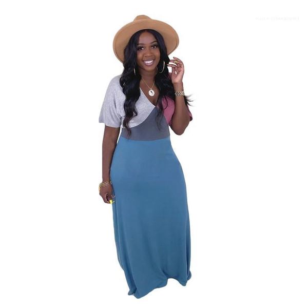 

casual clothes womens patchwork summer dress woman fashion v-neck short sleeve a-line dresses women slim, Black;gray