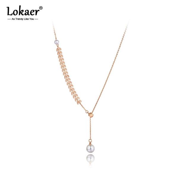

lokaer trendy bohemia stainless steel white pearl choker necklaces for women girls chic leaflet charm pendant necklace n20097, Golden;silver
