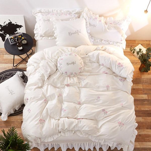 

white pink 100%cotton korean bedding sets twin  king size kids girls bedding set princess duvet cover bed sheet/linen set