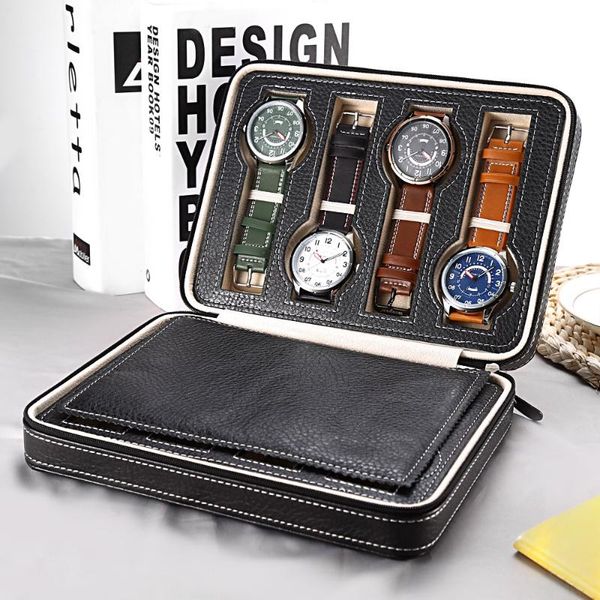 

watch boxes & cases 8 grids pu leather box storage showing watches display case tray zippere travel jewelry collector, Black;blue