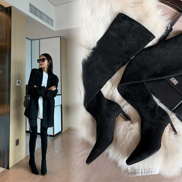 

women long boots high heels over the knee high boots pointed toe party shoes woman tight warm winter snow, Black
