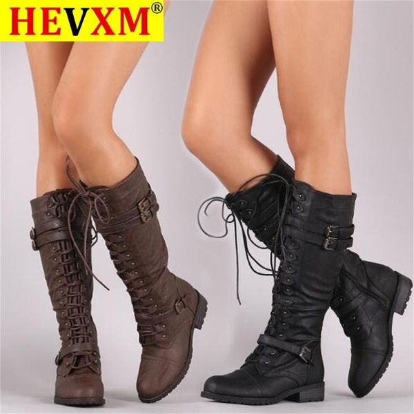 

knee high women boots autumn woman shoes winter lace up vintage flat shoes steampunk leather retro buckle ladies snow boots, Black