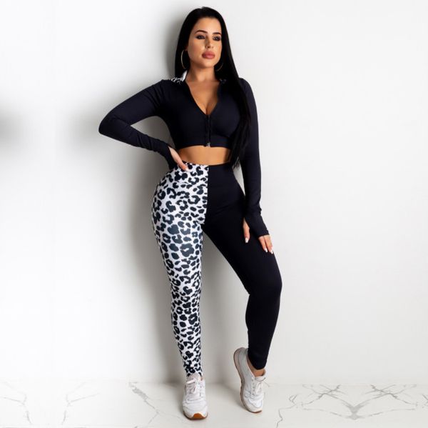 

running sets autumn women tracksuit black leopard spliced two pieces sports suits long-sleeves hoodies crop +high-waist leggings pants, Black;blue